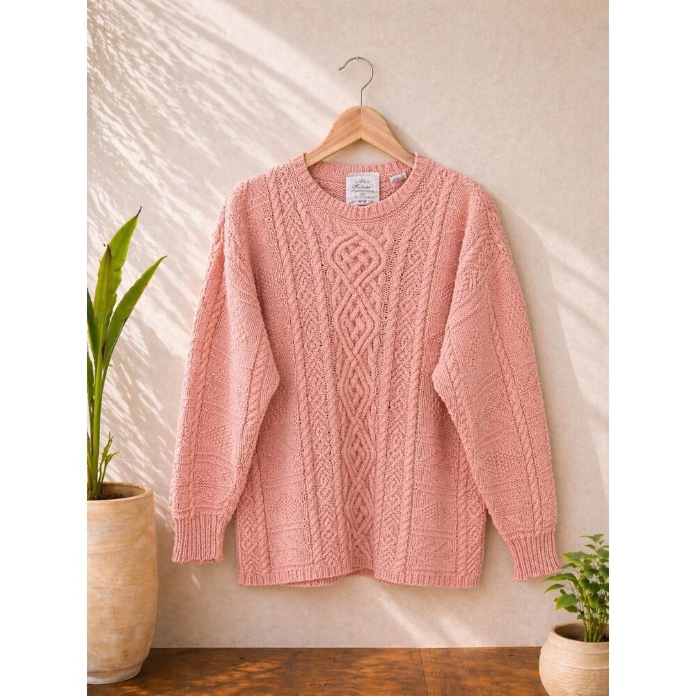 Vintage Handknit Peach Cable Knit Sweater Irish Fisherman Style Oversized Small